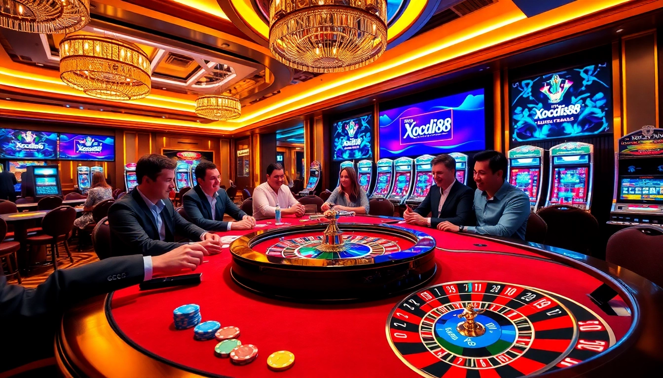 Xocdia88 players enjoying high-stakes action at a luxurious casino table with poker cards and chips.