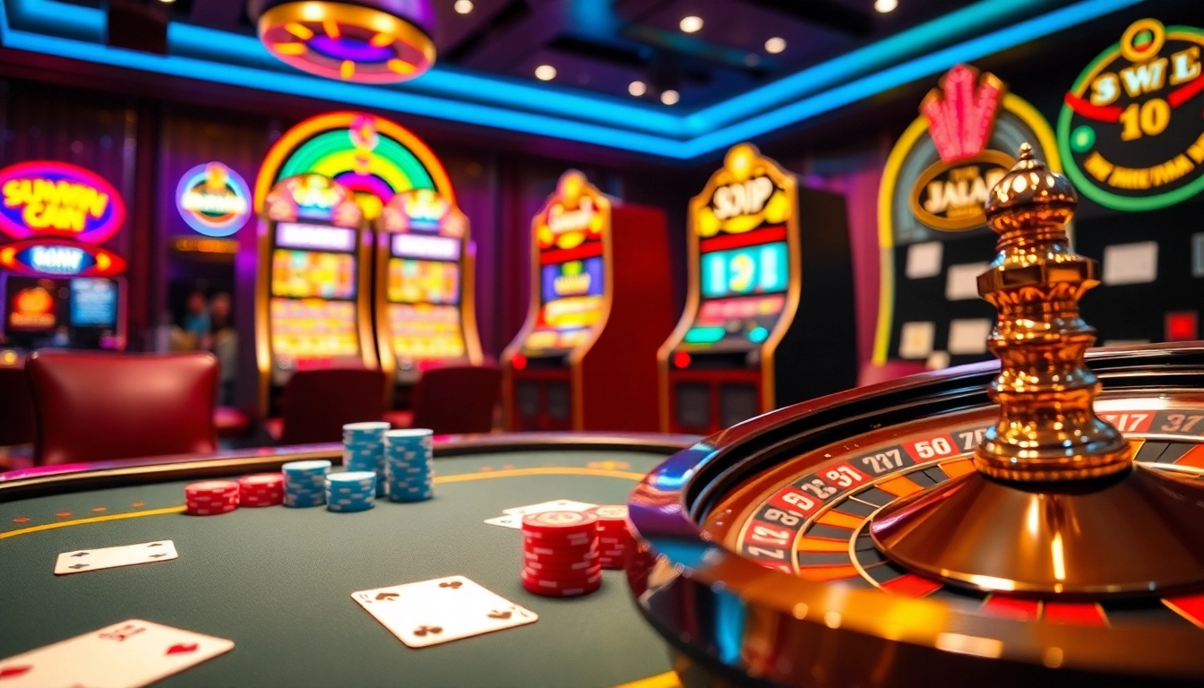 SUNWIN's thrilling poker table with vibrant chips and cards enhancing the casino atmosphere.